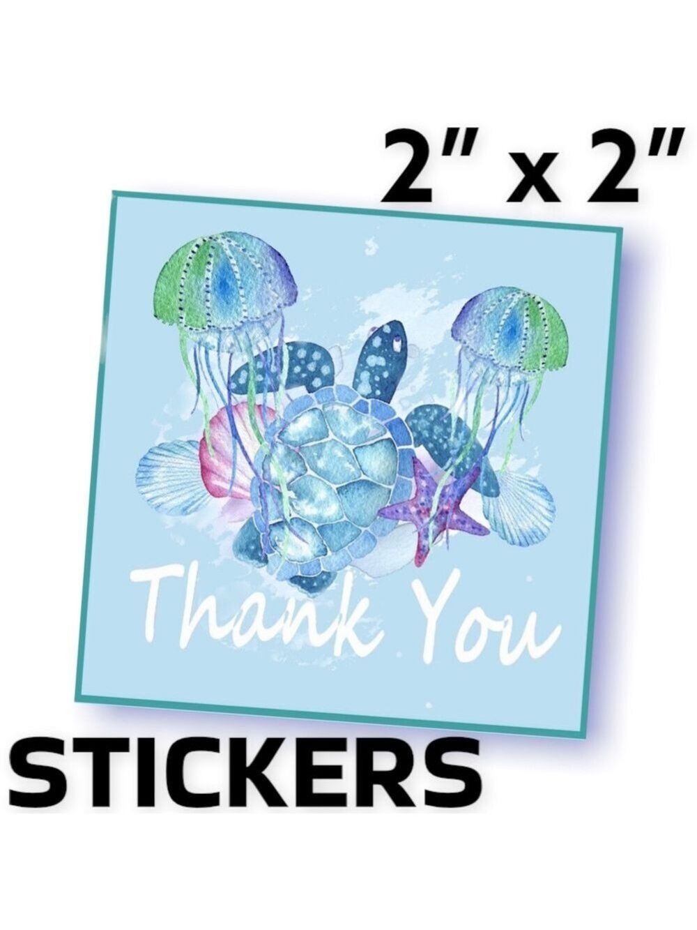 200 (2x2 Inch) Square Stickers, Sea Turtle & Jellyfish High Gloss, Thank…